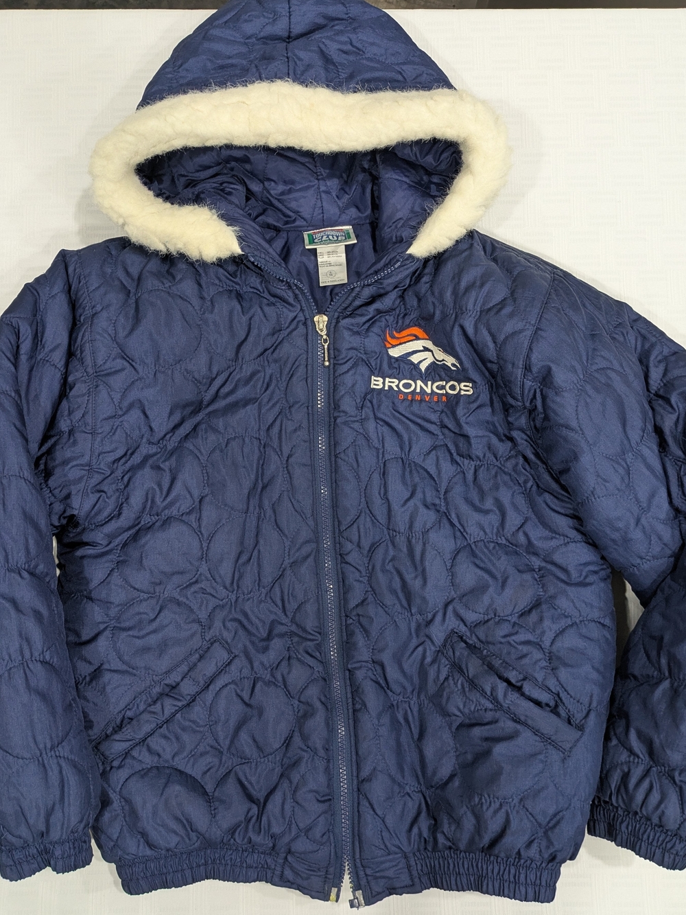 Vintage Denver Broncos NFL Kids Quilted Hooded Jacket Faux Fur Trim Navy Size L
